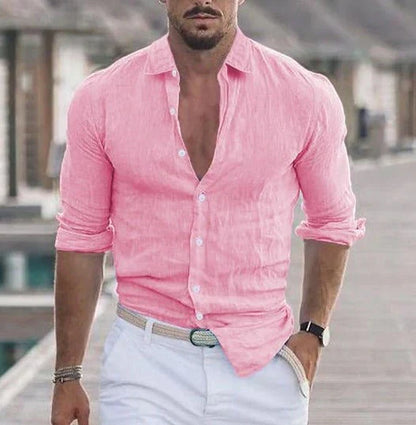 Camicia di lino con colletto alla coreana – Elegante camicia slim fit estiva traspirante per uomini