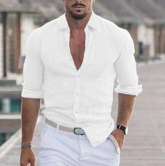 Camicia in lino con bottoni per uomo – Camicia estiva leggera con vestibilità slim