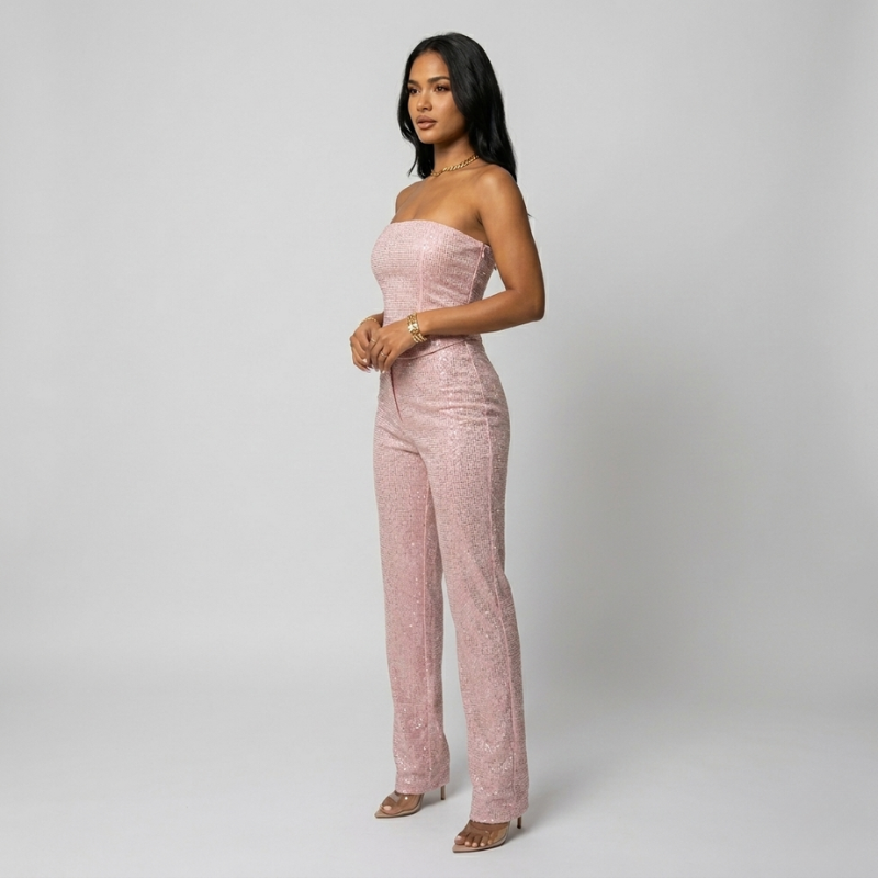 Set di Denim scintillante a due pezzi con corsetto in strass e jeans per donne – Look da festa alla moda e aderente