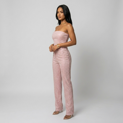Set di Denim scintillante a due pezzi con corsetto in strass e jeans per donne – Look da festa alla moda e aderente