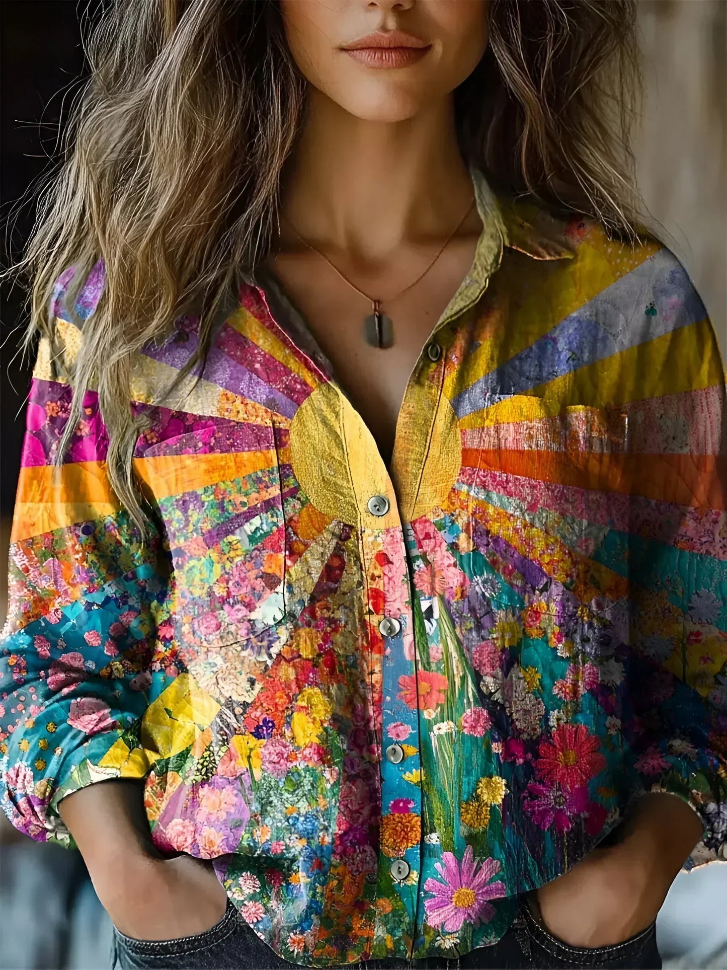 Blusa colorata con motivo floreale e design stampato per donne Camicia morbida in stile Boho