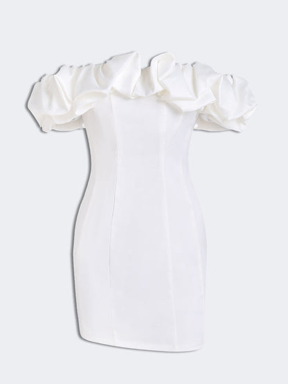 Faylisse - Mini-Abito da Festa in Satin con Volant e Senza Spalline