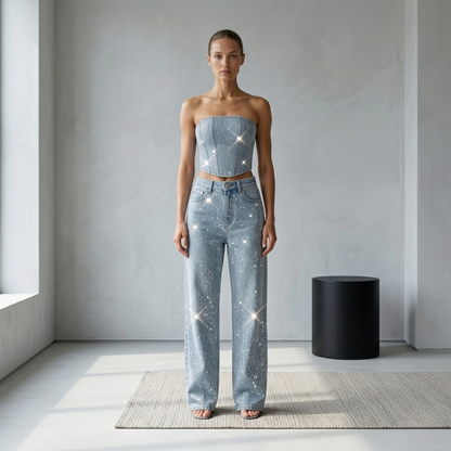 Set di Denim scintillante a due pezzi con corsetto in strass e jeans per donne – Look da festa alla moda e aderente