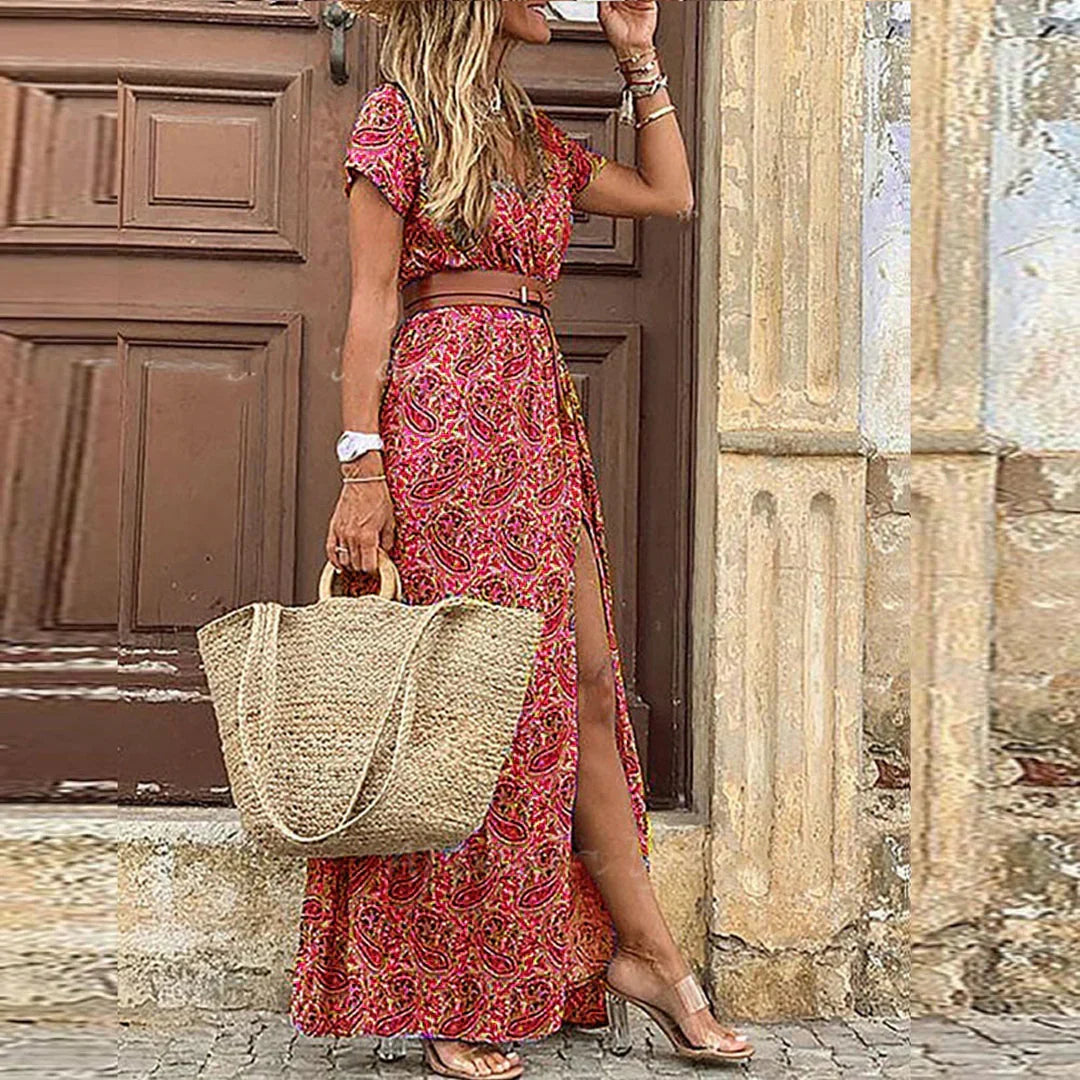 Séliviane - Maxidress Boho Leggero con Spacco Laterale e Cintura Abbinata
