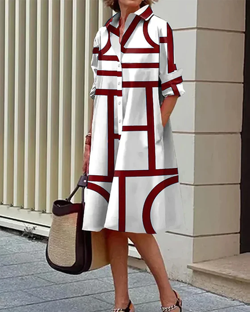 Abito camicia moderno con stampa grafica – Taglio comodo e look quotidiano elegante per donne