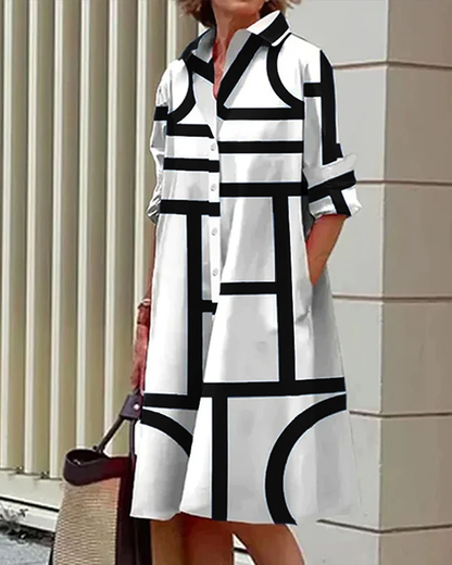 Abito camicia moderno con stampa grafica – Taglio comodo e look quotidiano elegante per donne