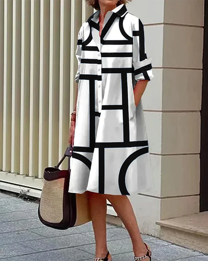 Abito camicia moderno con stampa grafica – Taglio comodo e look quotidiano elegante per donne