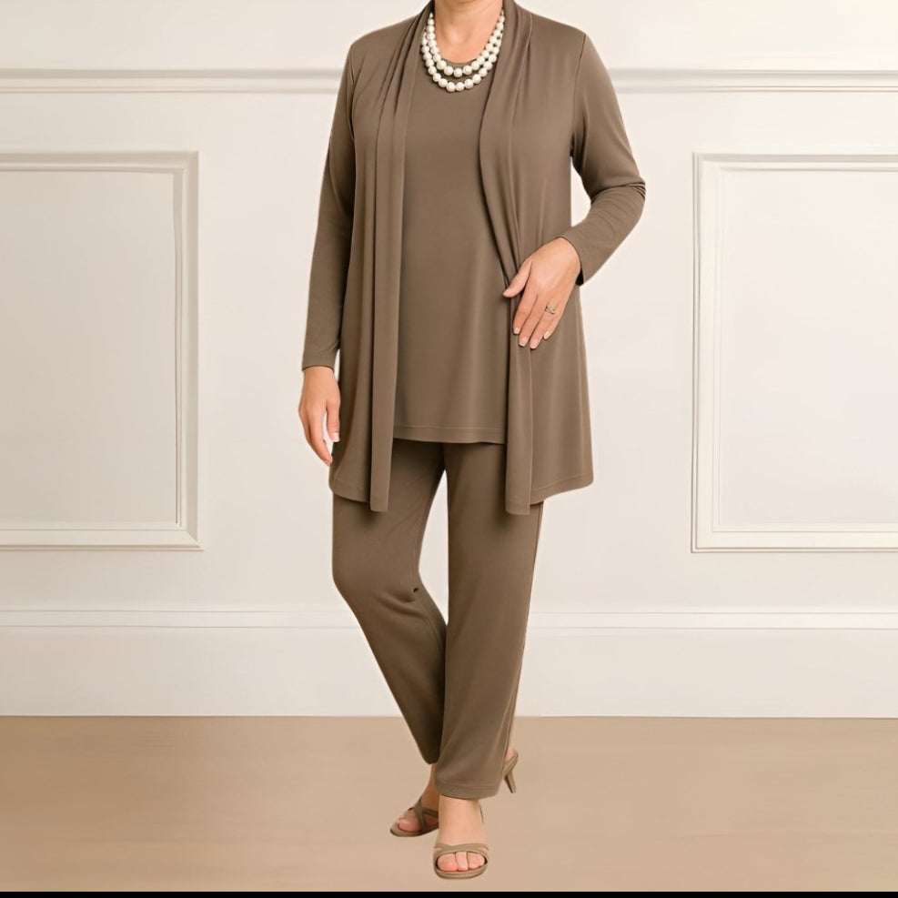 Orielle - Set di tre pezzi comodo per donne composto da una T-shirt, un gilet e un pantalone monocolore
