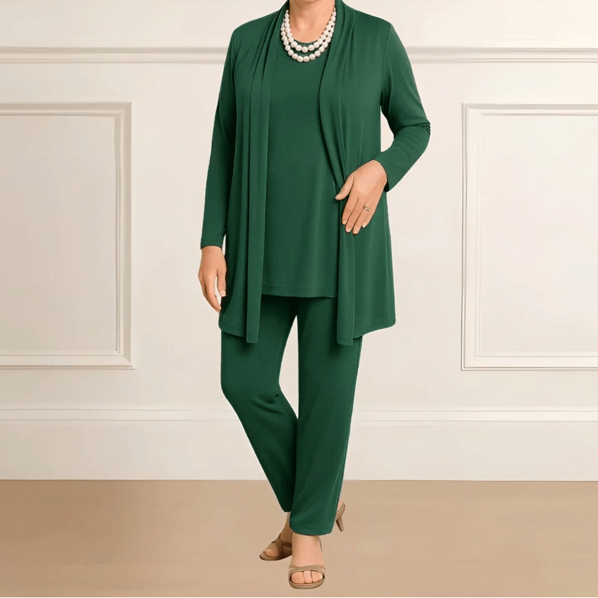 Orielle - Set di tre pezzi comodo per donne composto da una T-shirt, un gilet e un pantalone monocolore
