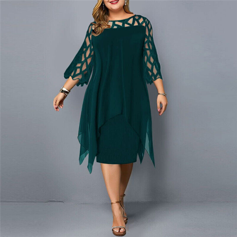 Elegante Abito Midi in Chiffon per Donne – Abito da Sera Lungo con Maniche in Pizzo