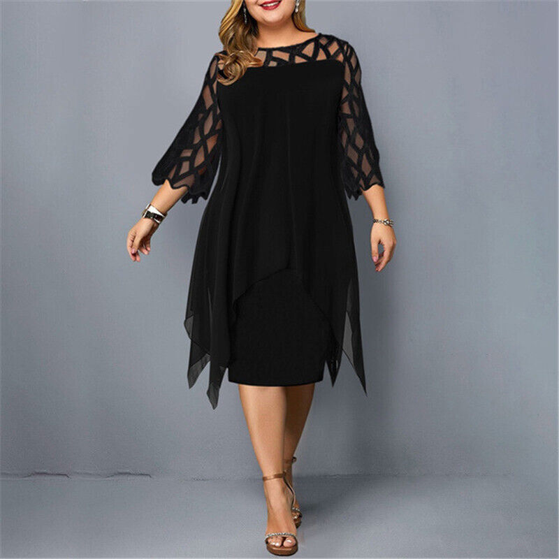Elegante Abito Midi in Chiffon per Donne – Abito da Sera Lungo con Maniche in Pizzo