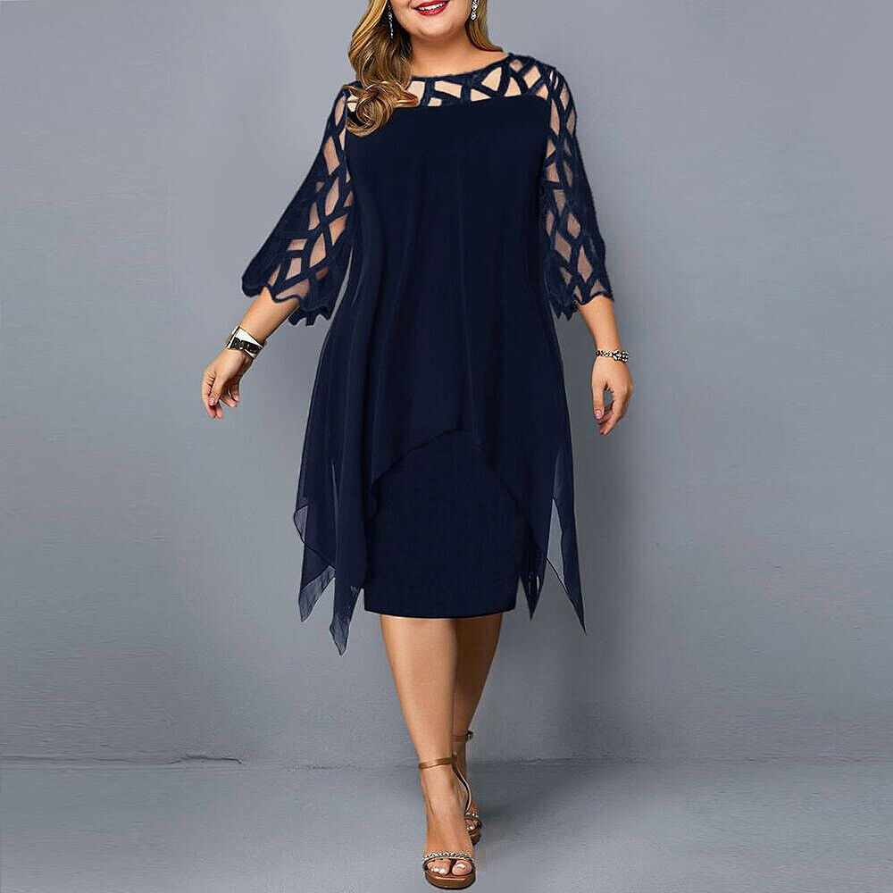Elegante Abito Midi in Chiffon per Donne – Abito da Sera Lungo con Maniche in Pizzo