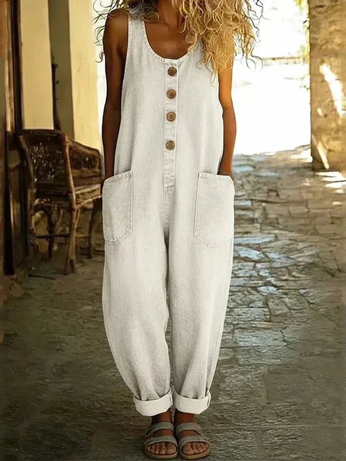 Salopette in jeans casual con bottoni per donne – Overall oversize con tasche e gamba ampia