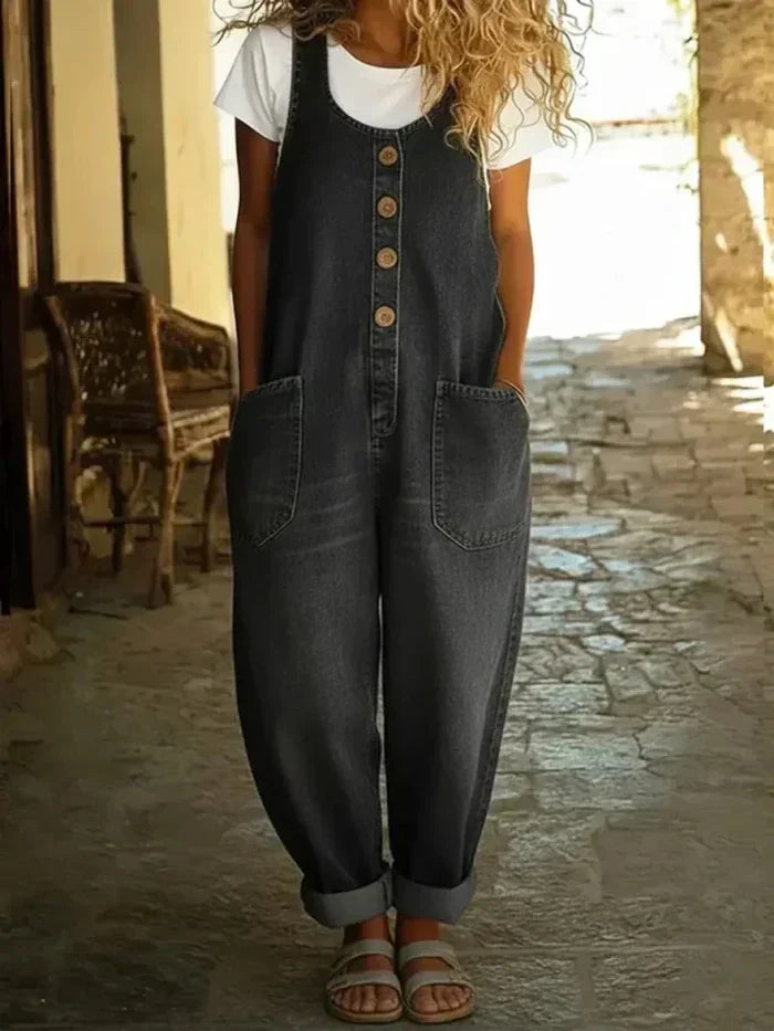 Salopette in jeans casual con bottoni per donne – Overall oversize con tasche e gamba ampia