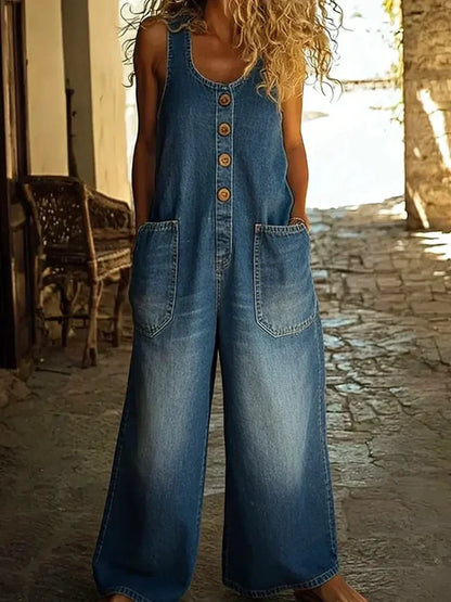 Salopette in jeans casual con bottoni per donne – Tuta oversize con tasche e gamba ampia