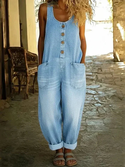 Salopette in jeans casual con bottoni per donne – Overall oversize con tasche e gamba ampia