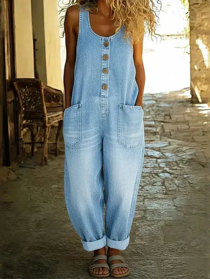 Salopette in jeans casual con bottoni per donne – Tuta oversize con tasche e gamba ampia