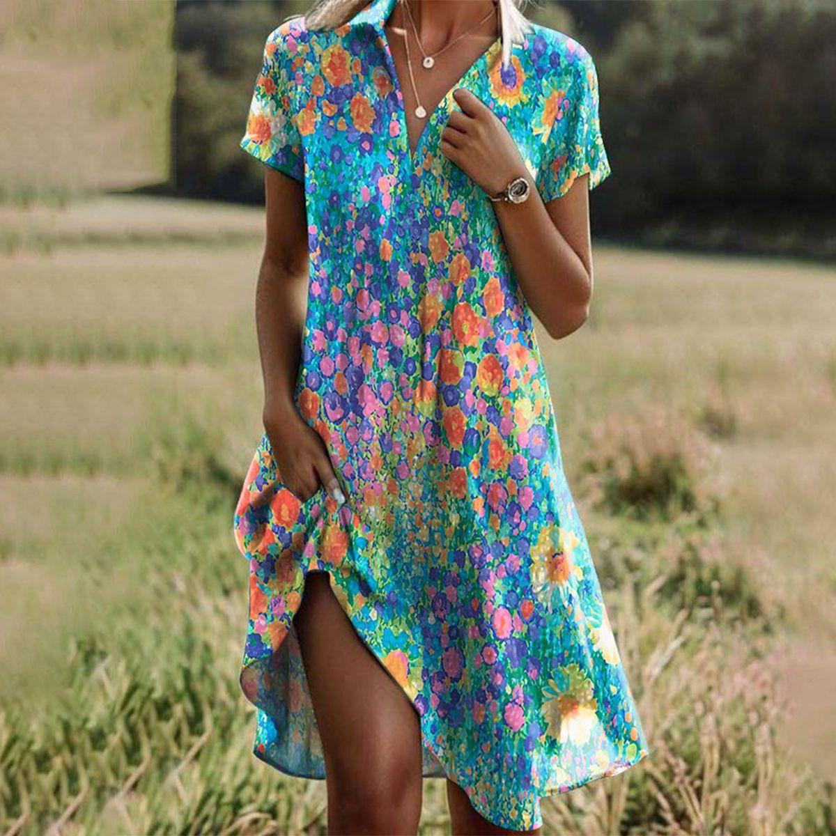 Abito estivo leggero con scollo a V e motivo a pois – Abito casual per donne con spacco laterale