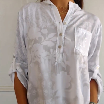 Elegante blusa con motivo floreale per donne – Maglietta a maniche lunghe con tasca di paillettes