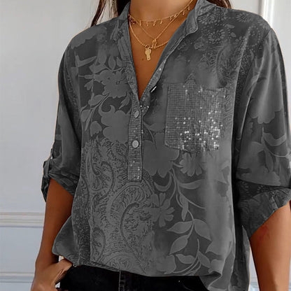 Elegante blusa con motivo floreale per donne – Maglietta a maniche lunghe con tasca di paillettes