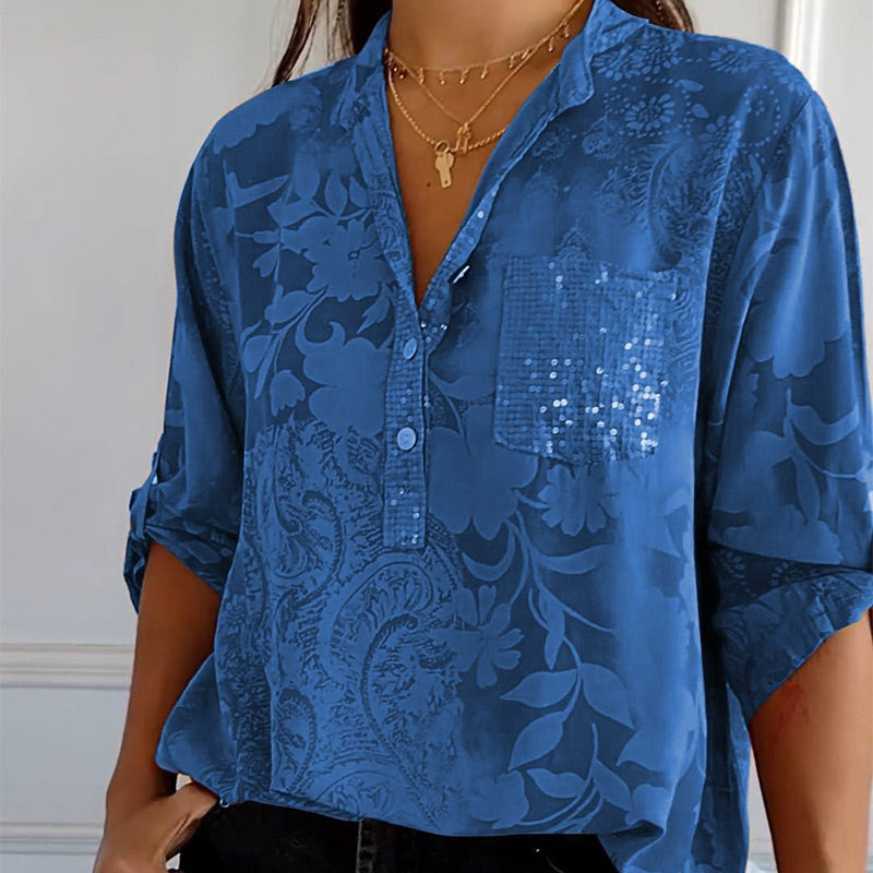 Elegante blusa con motivo floreale per donne – Maglietta a maniche lunghe con tasca di paillettes