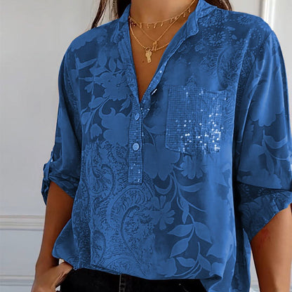 Elegante blusa con motivo floreale per donne – Maglietta a maniche lunghe con tasca di paillettes