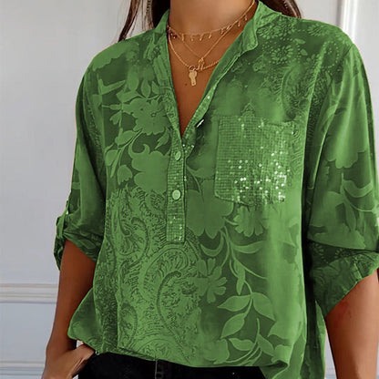 Elegante blusa con motivo floreale per donne – Maglietta a maniche lunghe con tasca di paillettes