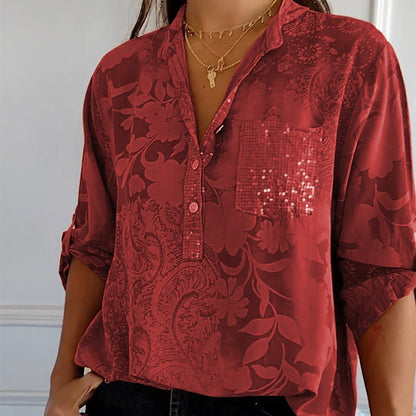 Elegante blusa con motivo floreale per donne – Maglietta a maniche lunghe con tasca di paillettes