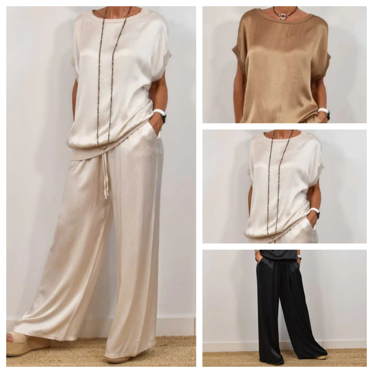Set lounge elegante per donne con pantaloni larghi e tessuto fluido