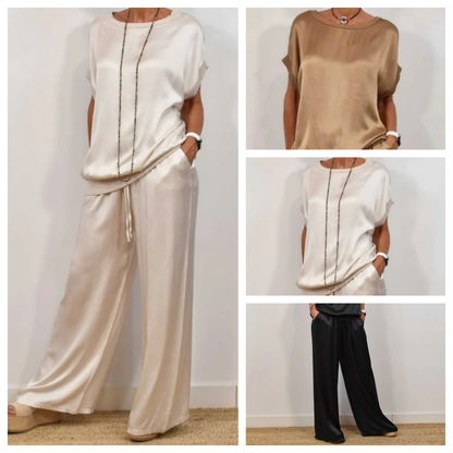 Set lounge elegante per donne con pantaloni larghi e tessuto fluido