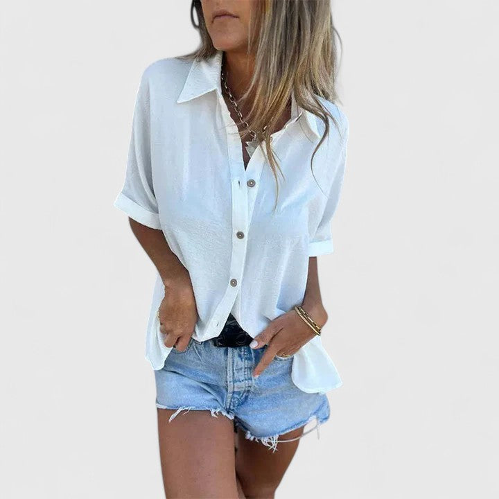 Blusa casual a maniche corte con bottoni – Maglietta estiva leggera per donne