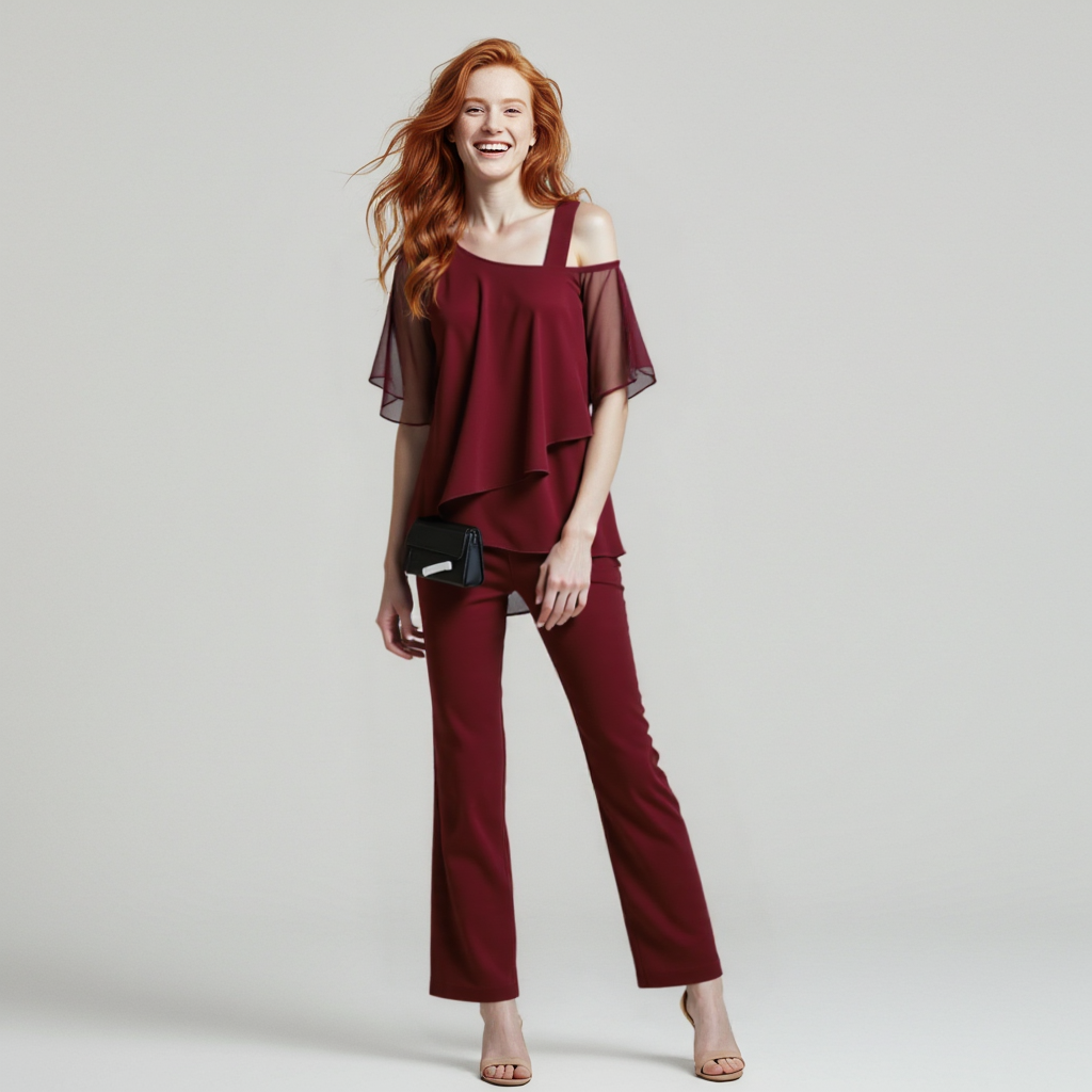 Set elegante di pantaloni e giacca con look in chiffon per donne – Due pezzi e alla moda