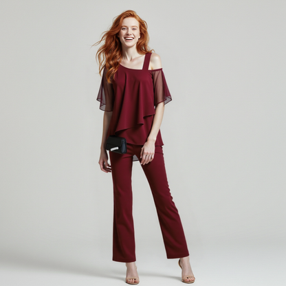 Set elegante di pantaloni e giacca con look in chiffon per donne – Due pezzi e alla moda
