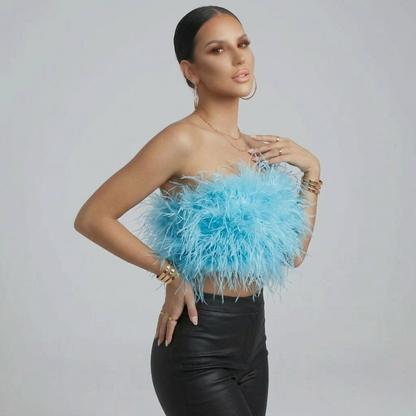 Elegante Top Bandeau con Piume per Donne – Crop Top Senza Spalline e Look D'impatto
