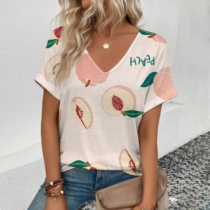 T-shirt con scollo a V casual con stampa di frutta per donne – Maglietta leggera estiva