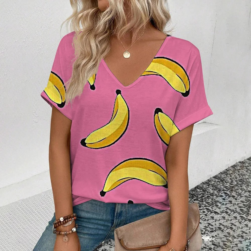 T-Shirt leggera con scollo a V e stampa di frutta per donne – Maglietta estiva leggera