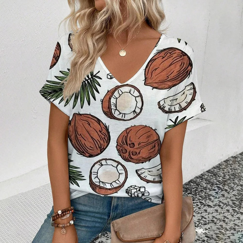 T-shirt con scollo a V casual con stampa di frutta per donne – Maglietta leggera estiva