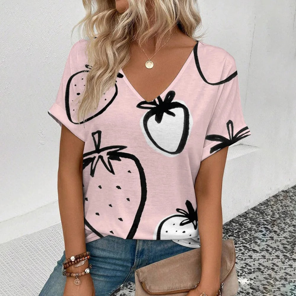 T-Shirt leggera con scollo a V e stampa di frutta per donne – Maglietta estiva leggera