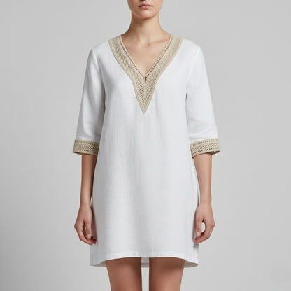 Abito in lino con scollo a V e ricamo – Elegante abito estivo per donne