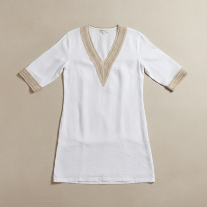 Abito in lino leggero con scollatura a V e ricamo – Elegante abito estivo per donne