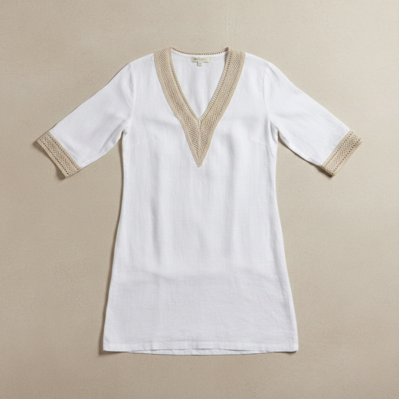 Abito in lino con scollo a V e ricamo – Elegante abito estivo per donne
