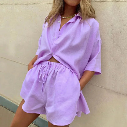 Set due pezzi casual per donne – Camicia oversize e pantaloni corti con cordoncino
