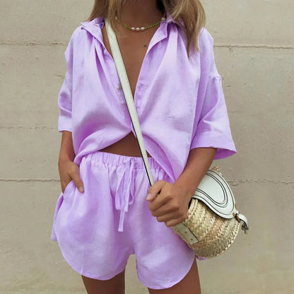 Set due pezzi casual per donne – Camicia oversize e pantaloni corti con cordoncino